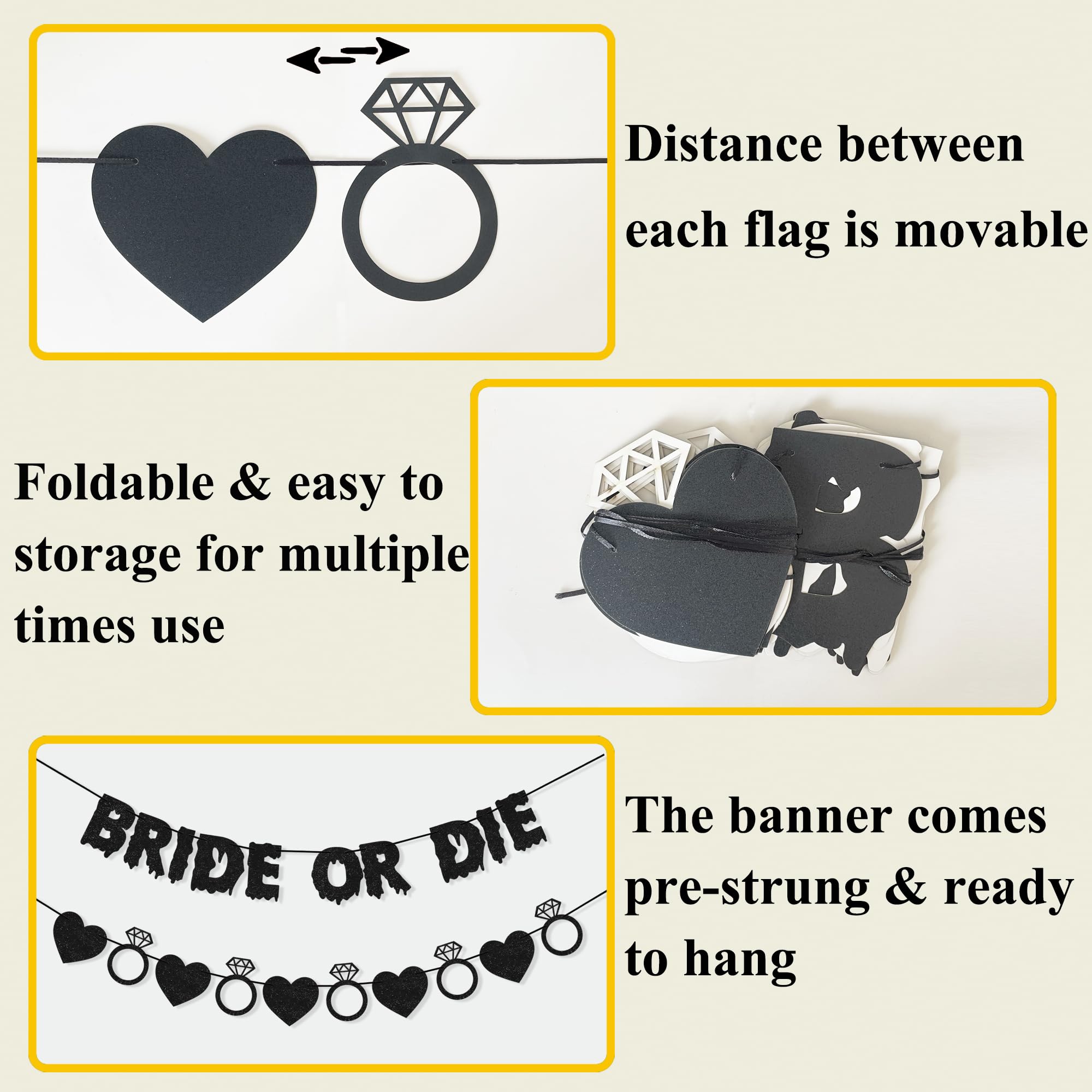 FAKTEEN Bride or Die Banner Bachelorette Party Decorations for Women Girls, Ring Black Heart Garland Bride to Be Sign Halloween Gothic Bridal Shower Engagement Wedding Party Supplies