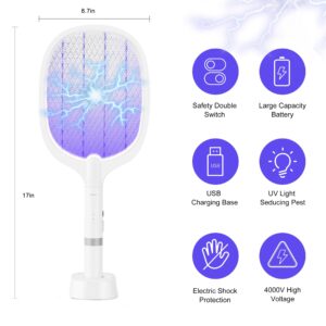 Electric Fly Swatter Rechargeable 4000V High-Volt Bug Zapper Racket, 2-in-1 Detachable Bug Swatter Mosquito Killer with Purple Light & 3-Layer Safety Nets Portable Fly Zapper for Indoor Outdoor