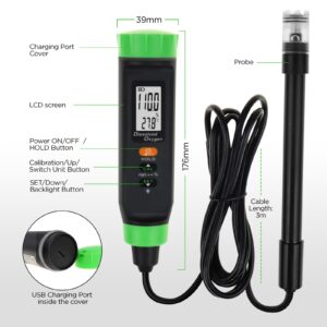 JuviPerpric Dissolved Oxygen Meter,Dissolved Oxygen Test Kit with Floating Probe, LED, 9.8Ft Cable Electrode, ATC, Digital Rechargeable DO Meter for Fish Tanks and Aquarium