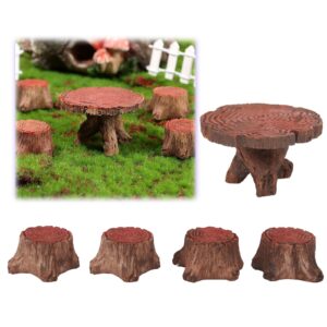 generic 5 pieces garden furniture ornaments miniature wooden stake table and chairs set village micro resin bench chair for fairy house home micro landscape decoration (vintage style), small, brown