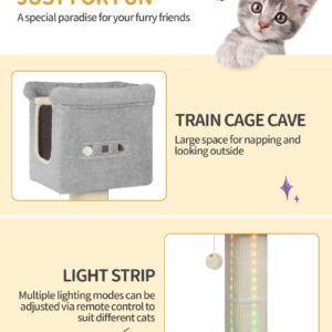 Hzuaneri 39-Inch Cat Scratching Post Tower with Bed, Cat Tower with LED Light Strip, Cat Scratcher Post with Woven Sisal, Condo, Pompom, Light Gray MS99018LG