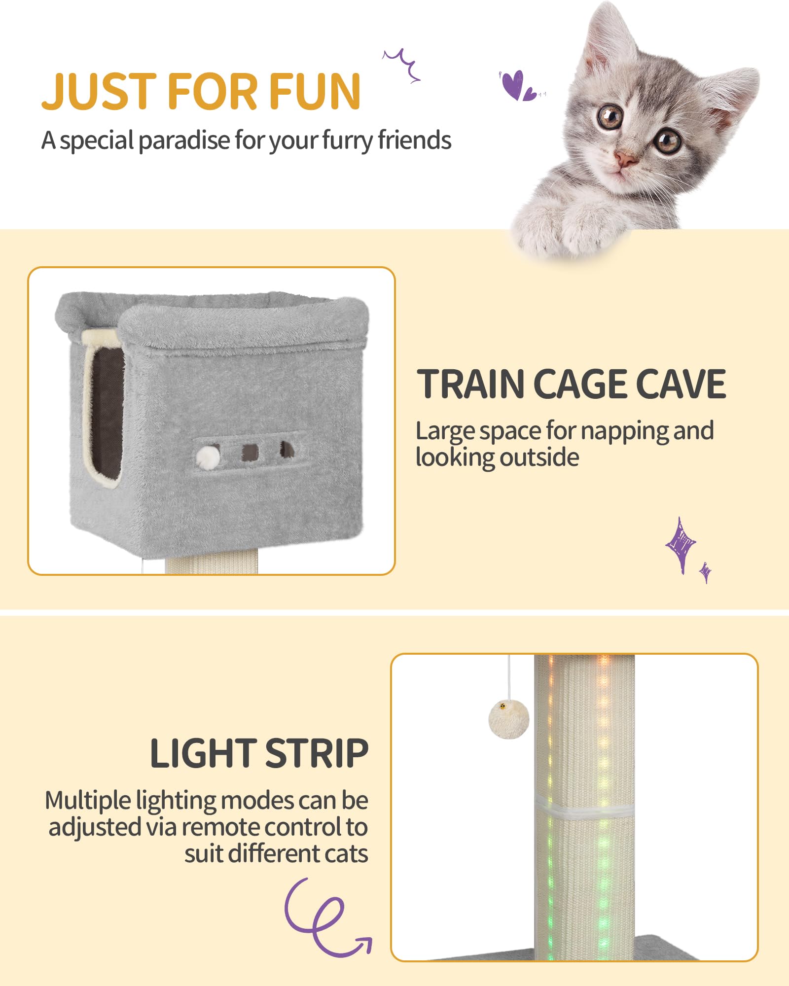 Hzuaneri 39-Inch Cat Scratching Post Tower with Bed, Cat Tower with LED Light Strip, Cat Scratcher Post with Woven Sisal, Condo, Pompom, Light Gray MS99018LG