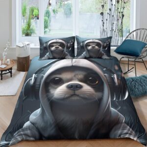 NACHO YAFA Cute DJ Dog Quilt Cover Bedding Set 3D Printed Duvet Cover Comforter Covers with Pillowcases 3 Pieces for Childrens and Adults Microfiber with Zipper Closure Full（203x228cm）