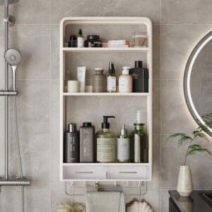 luriva plastic bathroom shelves with 2 drawers & towel bar, no drilling, bathroom organizers and storage, over toilet storage, wall mount shower organizer, shower caddy, bathroom wall cabinet