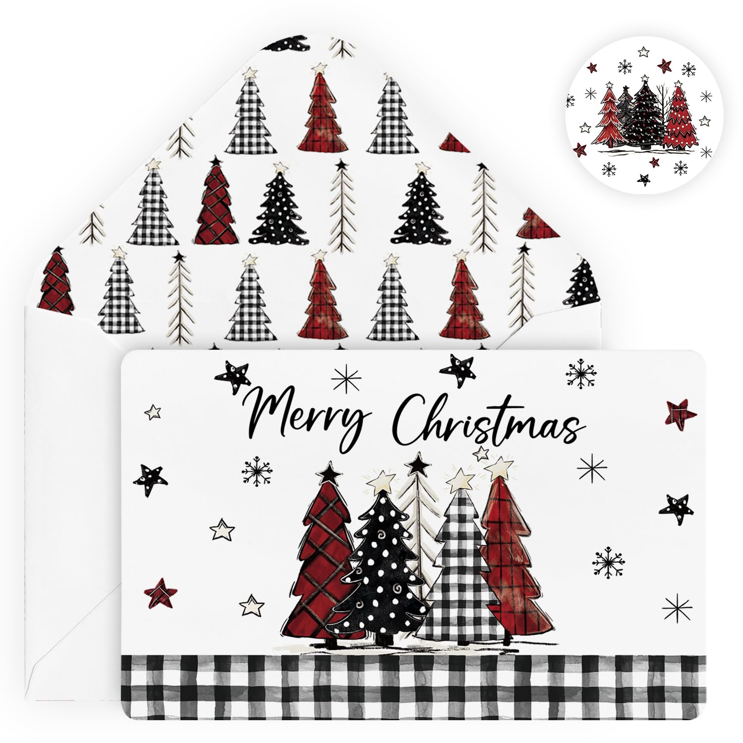 Artoid Mode 24 Pack Merry Christmas Thank You Cards Star Black White Xmas Tree Greeting Cards Gift With Envelope Sticker Blank Note Cards for Birthday Wedding Baby Shower Bridal Shower, 4 x 6 Inch