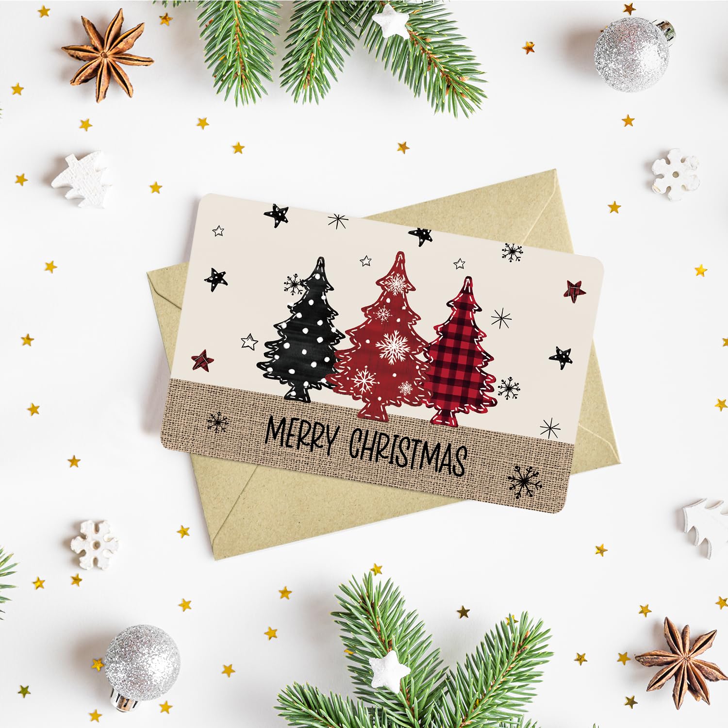 Artoid Mode 24 Pack Merry Christmas Thank You Cards Star Xmas Tree Greeting Cards Gift With Envelope Sticker Blank Note Cards for Birthday Wedding Baby Shower Bridal Shower, 4 x 6 Inch