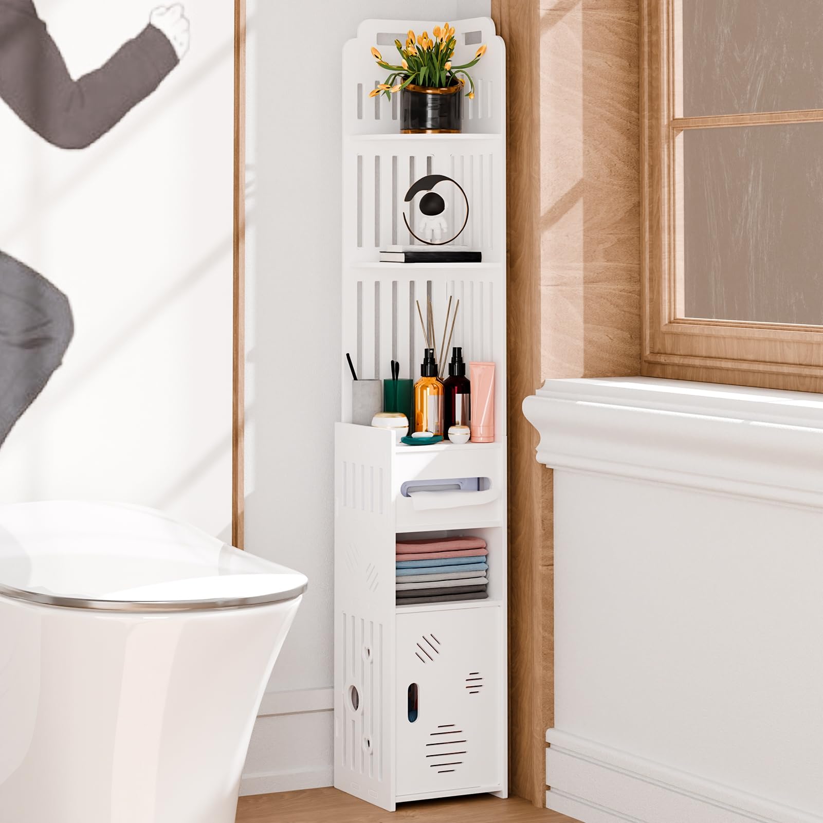 cadciehe Bathroom Cabinet, Small Bathroom Storage Cabinet, Over The Toilet Storage Cabinet for Skinny Bathroom Corner Floor, Narrow Bathroom Cabinet with Paper Dispenser, Trash Can & Shelves White