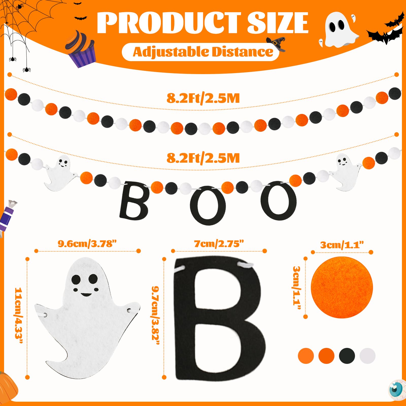 GCQQ Halloween Felt Garland, Boo Felt Garland, Prestrung Ghost Garland with Pompom Balls, Black White Orange Felt Garland, Halloween Garlands for Mantle, Fireplace, Indoor or Outdoor Decoration