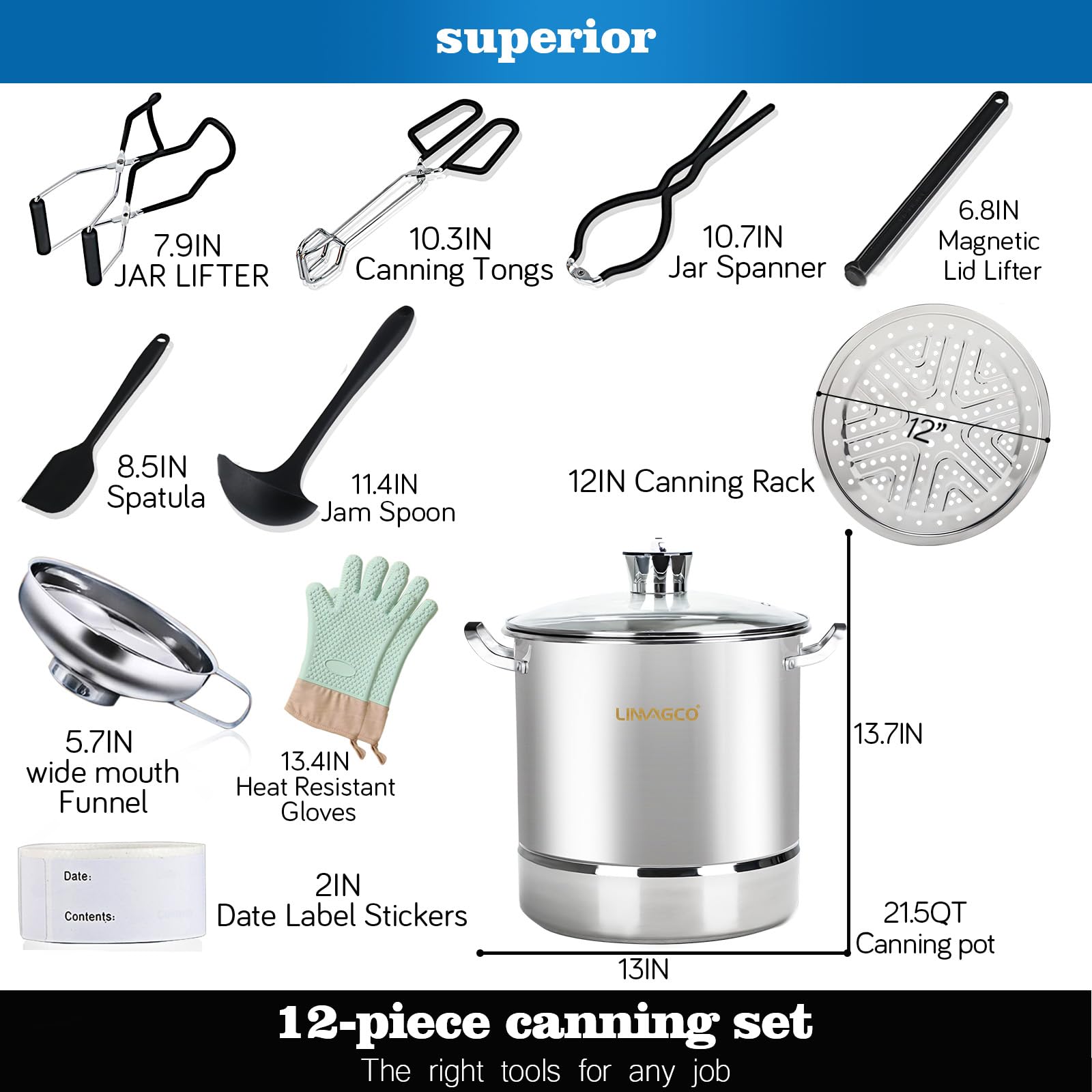 LINMAGCO Canning Supplies Starter kit-Canning Pot, Water Bath Canner with Lid - Stainless Steel, Home Canning Tool Kit, Steam Canner with Rack for Canning