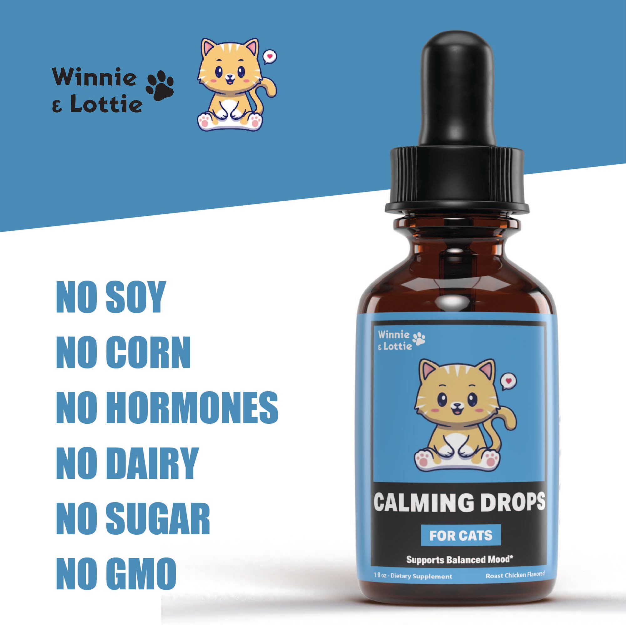 Winnie & Lottie Cat Calming Drops | Cat Anxiety Relief | Calm Cat | Anxiety Relief for Cats | Cat Calming | Cat Calming Supplement | Cat Anxiety | Cat Stress Relief | 1 fl oz | Roast Chicken Flavor