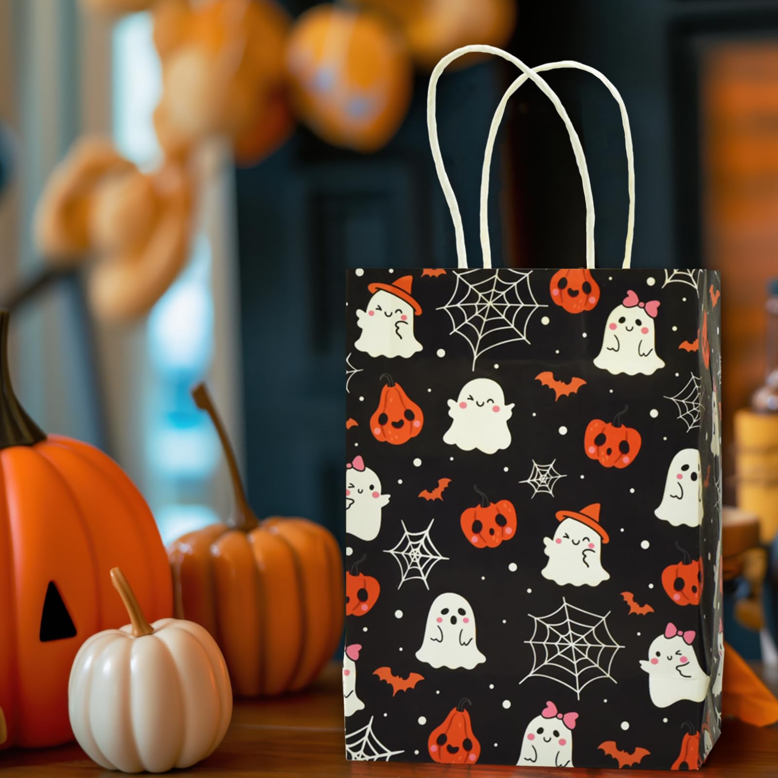 Lecheme Halloween Treat Bags 24 PCS Pumpkin Ghost Halloween Candy Bags Cute Halloween Bags with Handles Halloween Paper Treat Bags for Candy Trick or Treat Party Supplies