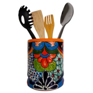 eltricolor talavera cooking utensil holder - handmade ceramic spoon holder - colorful clay utensil crock - authentic mexican spoon rest vase for spoons - spatula holder for counter 6" h (marigold)