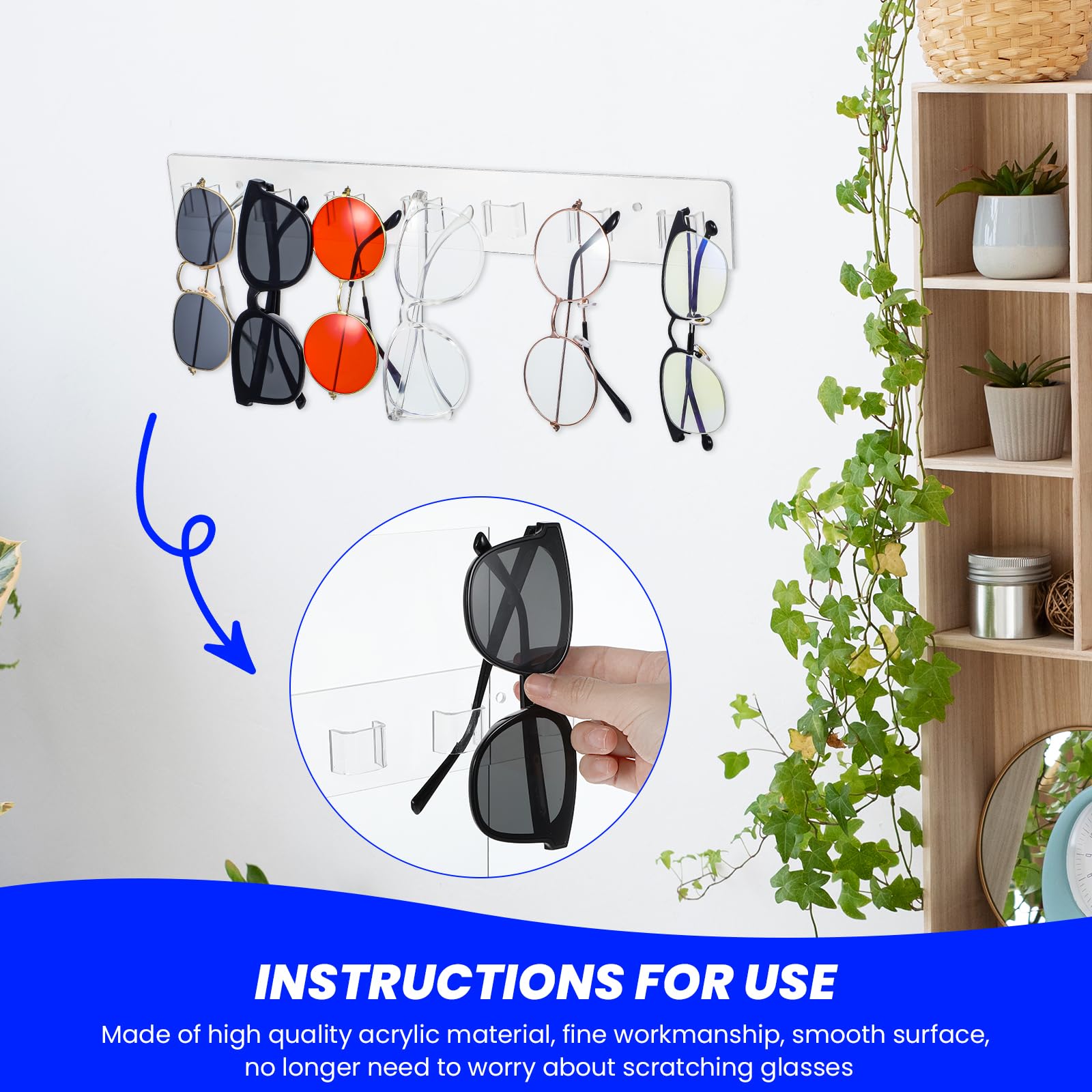 Ubamdom 2 PCS Sunglasses Organizer, Large Acrylic Sunglasses Holder Organizer, Wall-Mounted Sunglasses Holder Organizer, Eyeglasses Hangers for Entryway, Living Room and Bedroom (White)