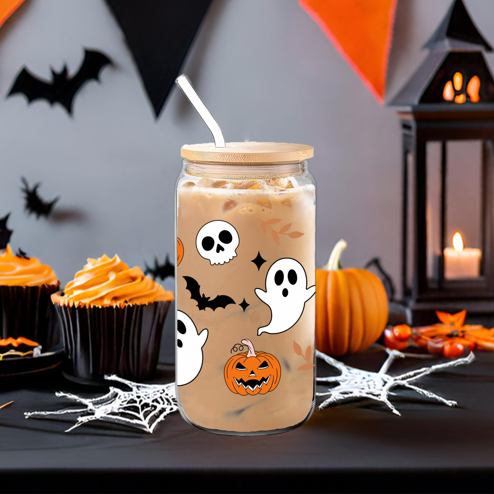 WECACYD Halloween Pumpkin Ghost Skull Cups - 16 oz Pumpkins Fall Cup Mug, Tumbler Glass Cups with Lids Straws, Spooky Cups for Iced Coffee, Goth Spooky Gifts for Her, Halloween Gifts for Women