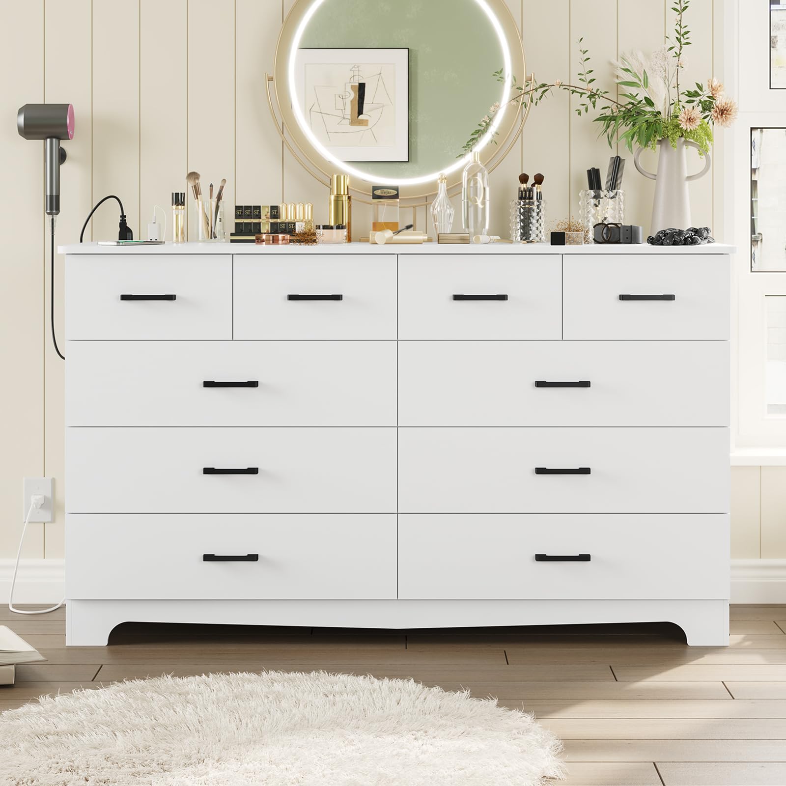 DICTAC White Dresser for Bedroom with 10 Drawers, Large Chest of Drawers Storage Organizer, Long Dresser TV Stand with Power Outlets, Wide Dresser for Bedroom, Living Room 55.1" W x 32.3" H x 15.8" D