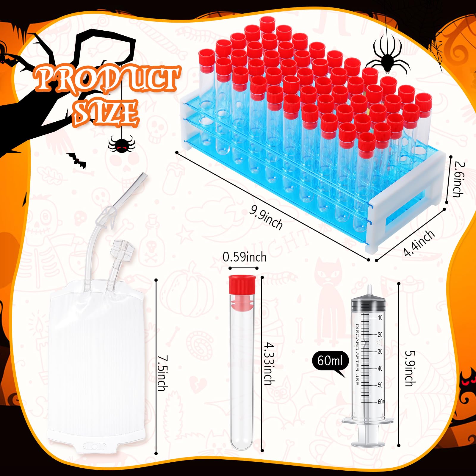 Xuhal Halloween Blood Drink Bags Sets Includes 50pcs 16x100mm Plastic Test Tube with Caps and Holder 50pcs 2oz Jelly Syringes Shot 10pcs Blood Drink Pouches with 10 label and Clip for Nurse Party