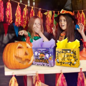 Ranfashiong 13" Halloween Large Gift Bag with Card and Tissue Paper Pumpkin Design Trick or Treat Party - Purple yellow 2Pcs