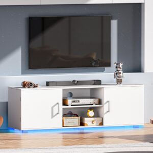 Huuger TV Stand for 55 Inch TV, Entertainment Center with LED Lights, 2 Cabinets, TV Console Media Cabinet with 6 Cable Holes, White TV Stand for Living Room, Bedroom