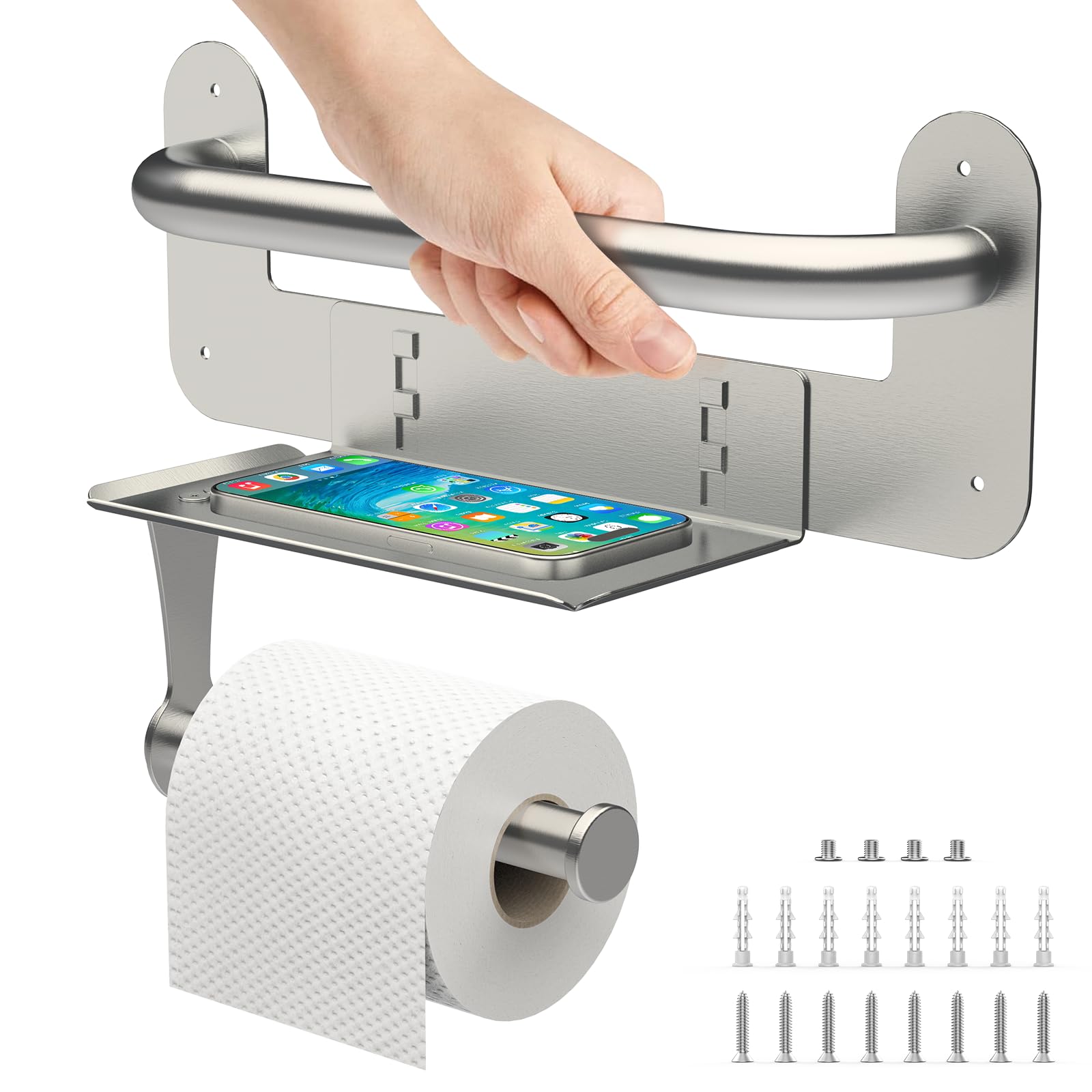 Grab Bars for Bathtubs and Showers with Toilet Paper Holder, Assistance Handle with Toilet Roll Holder and Shelf for Elderly Seniors, Waterproof Bathroom Handicap Safety Handrail for Wall Mount