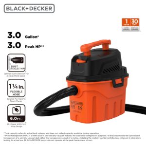 BLACK+DECKER Shop Vacuum Wet and Dry, 3 Gallon 3.0 Peak HP, 3-in-1 Portable Shop Vacuum with Accessories, Vacuum Cleaner for Home, Pet and Car(BDXV18910P-3)