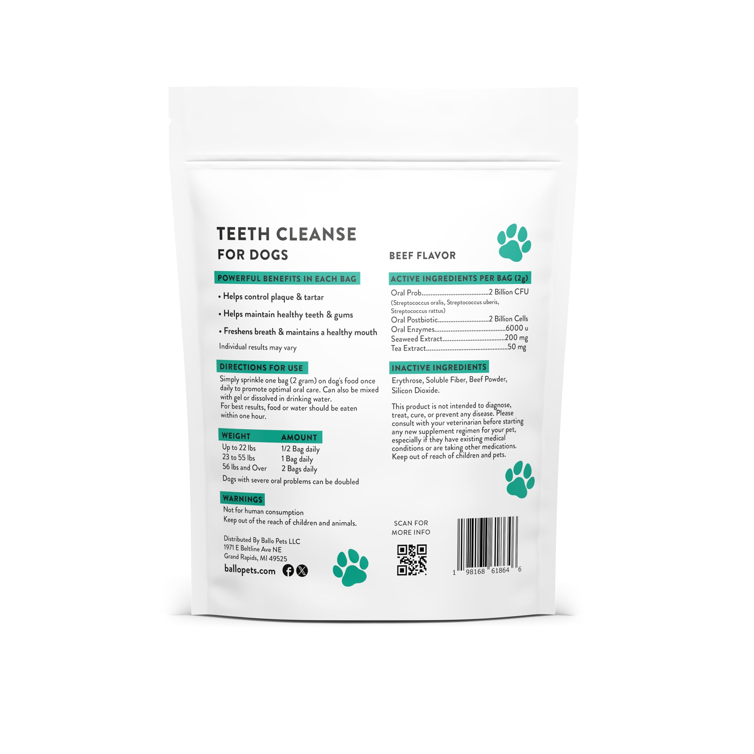 Ballo Pets Teeth Cleanse for Dogs - Dental Powder - Teeth Cleaning Made Easy - Targets Tartar & Bad Breath - Formulated for Dogs of All Ages and Sizes - 30 Powder Packets to go, white