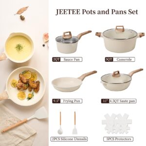 JEETEE Pots and Pans Set Non Stick, White Granite Kitchen Cookware Set, 14 Pcs Induction Cooking Set w/Frying Pans & Saucepans(PFAS/PTFE/PFOS/PFOA Free)