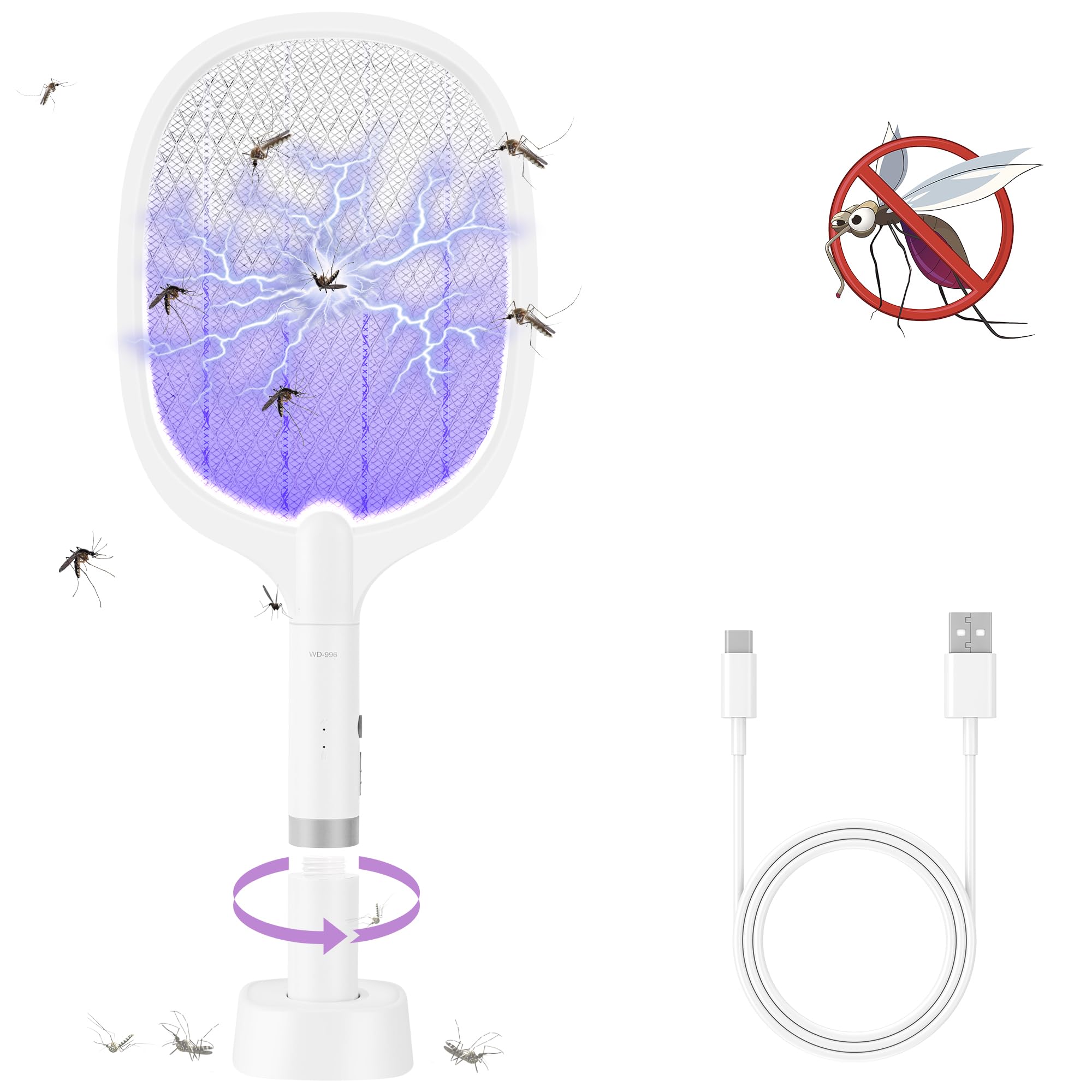 Electric Fly Swatter Rechargeable 4000V High-Volt Bug Zapper Racket, 2-in-1 Detachable Bug Swatter Mosquito Killer with Purple Light & 3-Layer Safety Nets Portable Fly Zapper for Indoor Outdoor