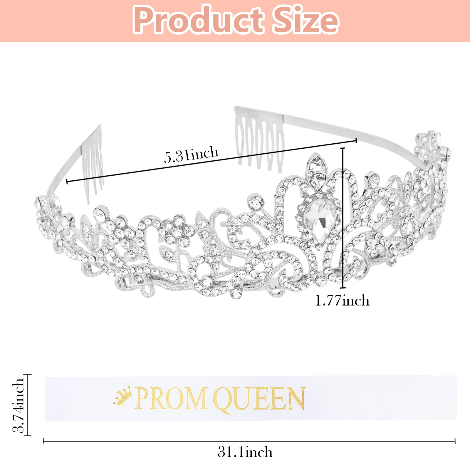 BAHABY Prom Queen Sash and Tiara Set, Silver Crowns for Women & White Sash - Graduation Party School Party Accessories Bachelorette Party Wedding Bridal Shower Halloween Party Favors