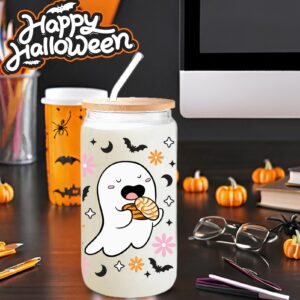 KIKUHE Halloween Ghost Iced Coffee Glass Cups, 16oz Cute Floral Ghost Glass Cups with Lids and Straws, Halloween Gifts, Cute Spooky Gifts for Her, Spooky Halloween Tumbler Mug for Women Girls Kids