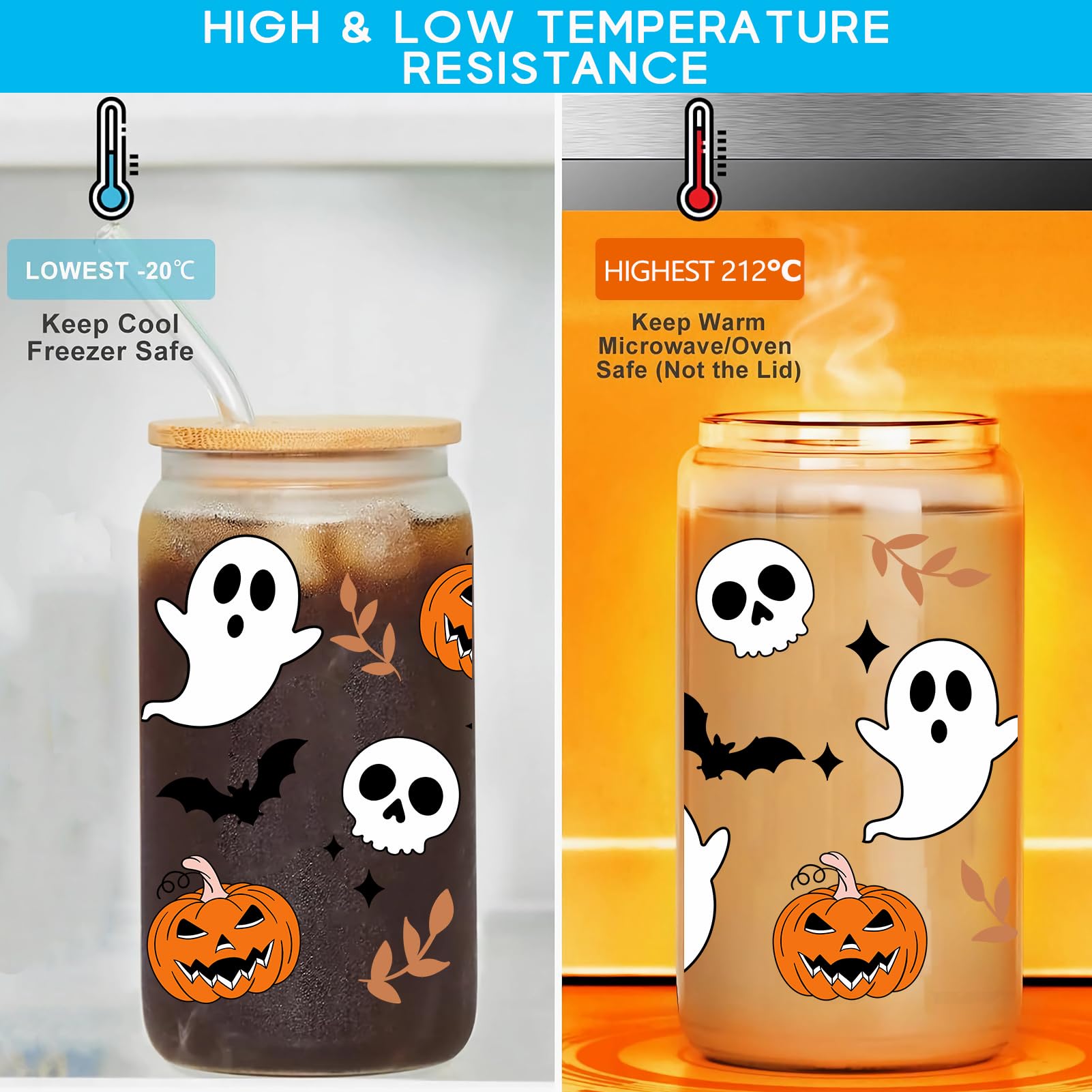 WECACYD Halloween Pumpkin Ghost Skull Cups - 16 oz Pumpkins Fall Cup Mug, Tumbler Glass Cups with Lids Straws, Spooky Cups for Iced Coffee, Goth Spooky Gifts for Her, Halloween Gifts for Women