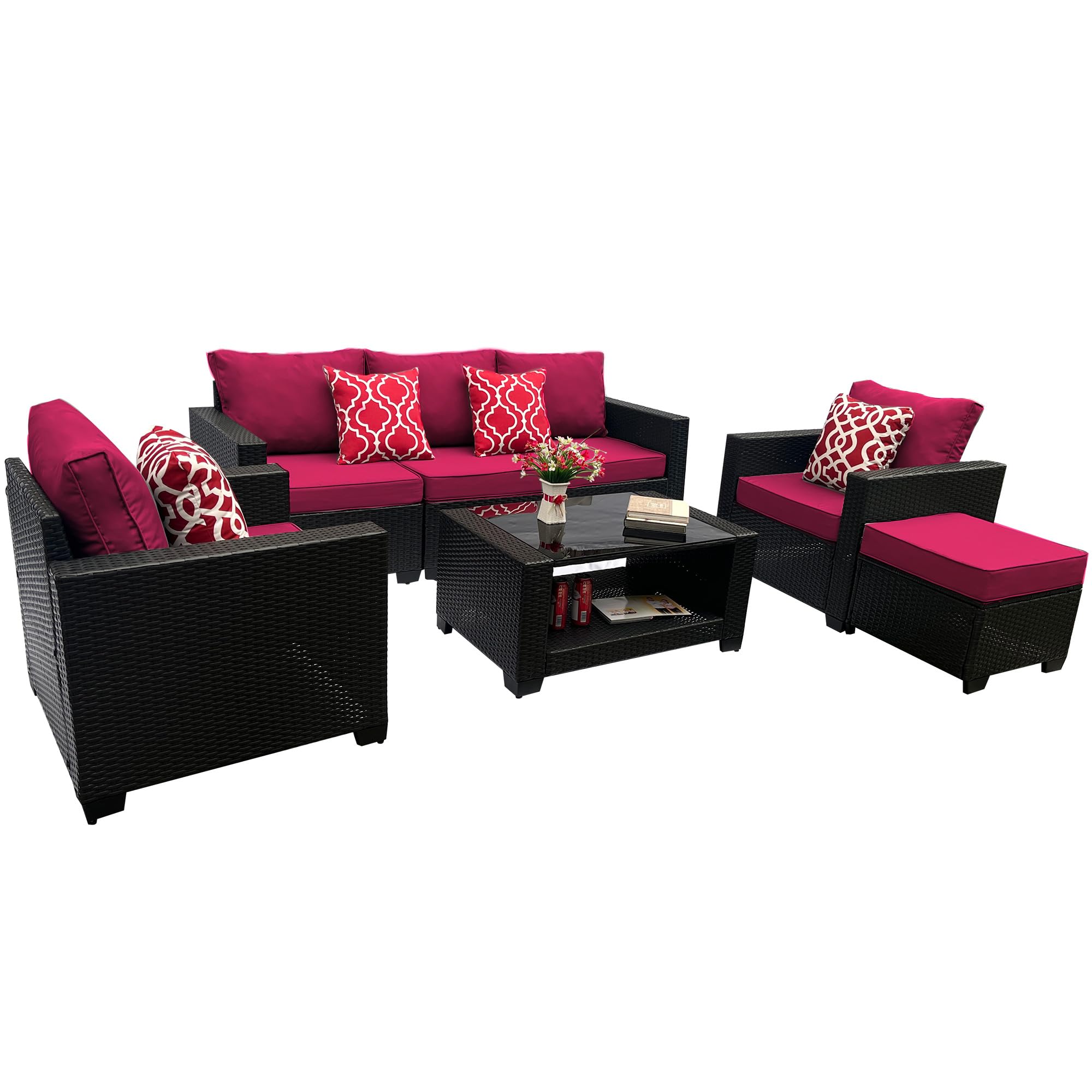 7 Piece Outdoor Patio Furniture Sets, Apartment Patio Furniture, Pe Vine Willow Soft Cushion Sofa Set with Coffee Table, Suitable for Gardens, Backyards, Poolside, Red