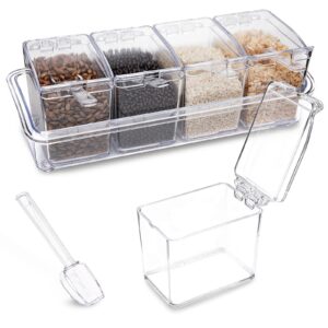 xjmwxhfc clear seasoning box, 4 pieces seasoning rack spice pots, storage container condiment jars acrylic seasoning box with covers and spoons for spice, sugar, salt, sugar, cardamon, cinnamon