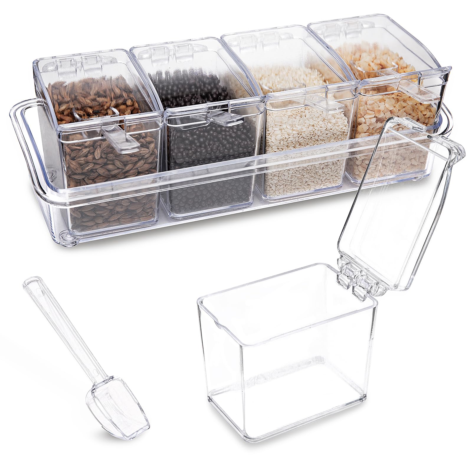 XJMWXHFC Clear Seasoning Box, 4 Pieces Seasoning Rack Spice Pots, Storage Container Condiment Jars Acrylic Seasoning Box with Covers and Spoons for Spice, Sugar, Salt, Sugar, Cardamon, Cinnamon