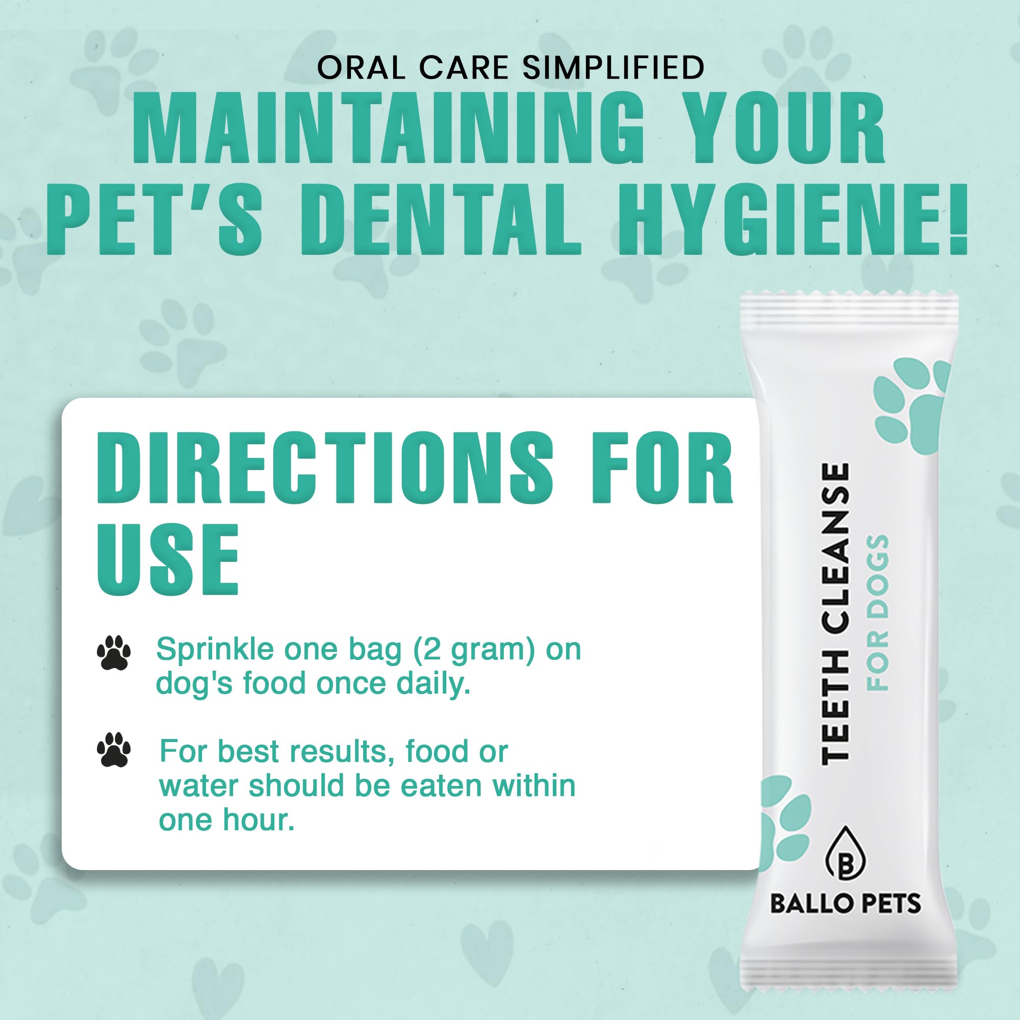 Ballo Pets Teeth Cleanse for Dogs - Dental Powder - Teeth Cleaning Made Easy - Targets Tartar & Bad Breath - Formulated for Dogs of All Ages and Sizes - 30 Powder Packets to go, white