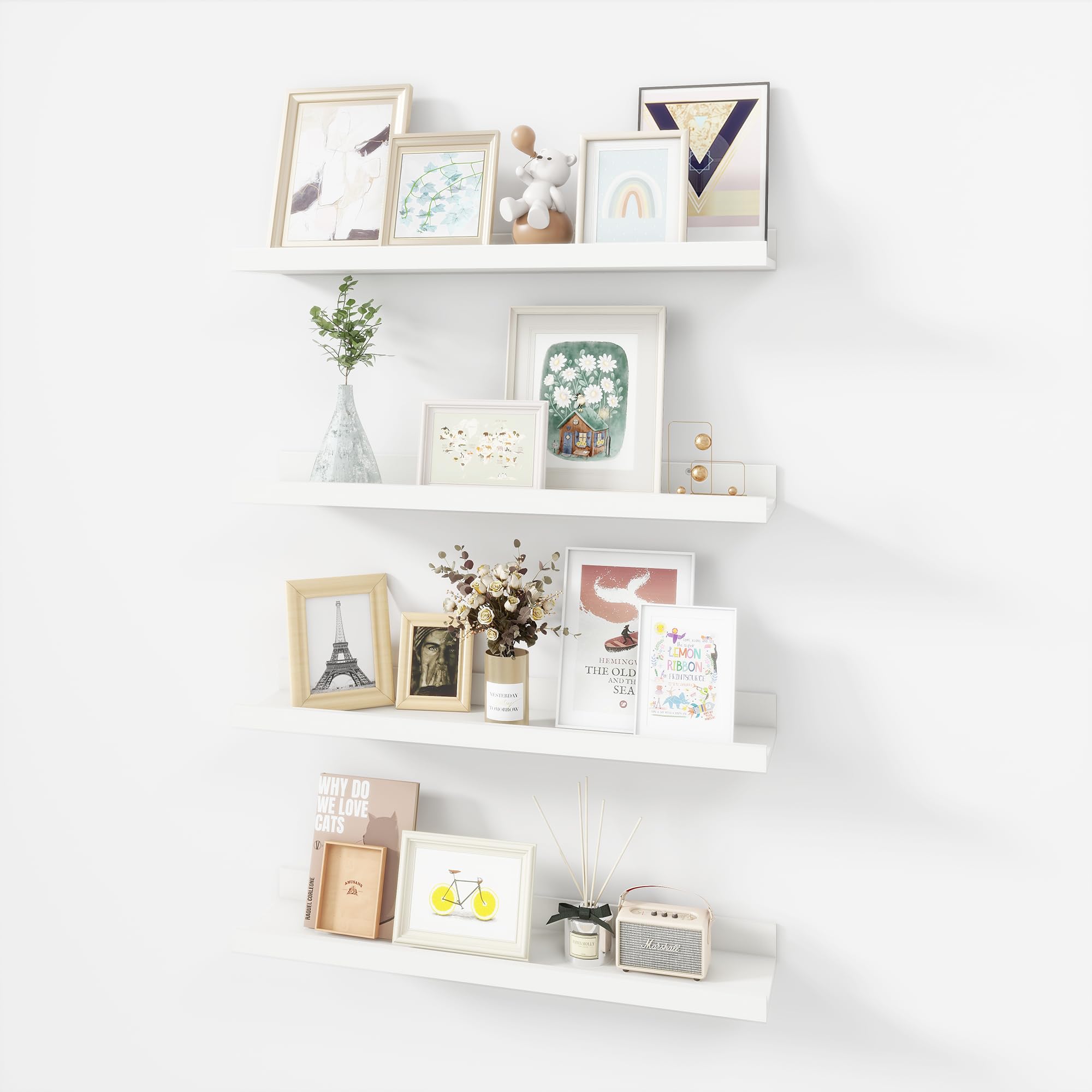 Acovy Picture Ledge Shelf, Wood Floating Shelves Set of 4, 24 inch Picture Ledge Shelves, Photo Ledge Nursery Book Shelves Wall Mounted for Living Room Kids' Room Bedroom, Color White