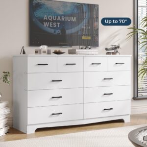 DICTAC White Dresser for Bedroom with 10 Drawers, Large Chest of Drawers Storage Organizer, Long Dresser TV Stand with Power Outlets, Wide Dresser for Bedroom, Living Room 55.1" W x 32.3" H x 15.8" D