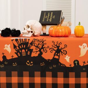 MikiUp Halloween Tablecloth, Castle Ghost Decorative Rectangle Table Cloth, Holiday Fabric Table Cover for Party Picnic Dinner Decor, Orange 60 x 84 Inch