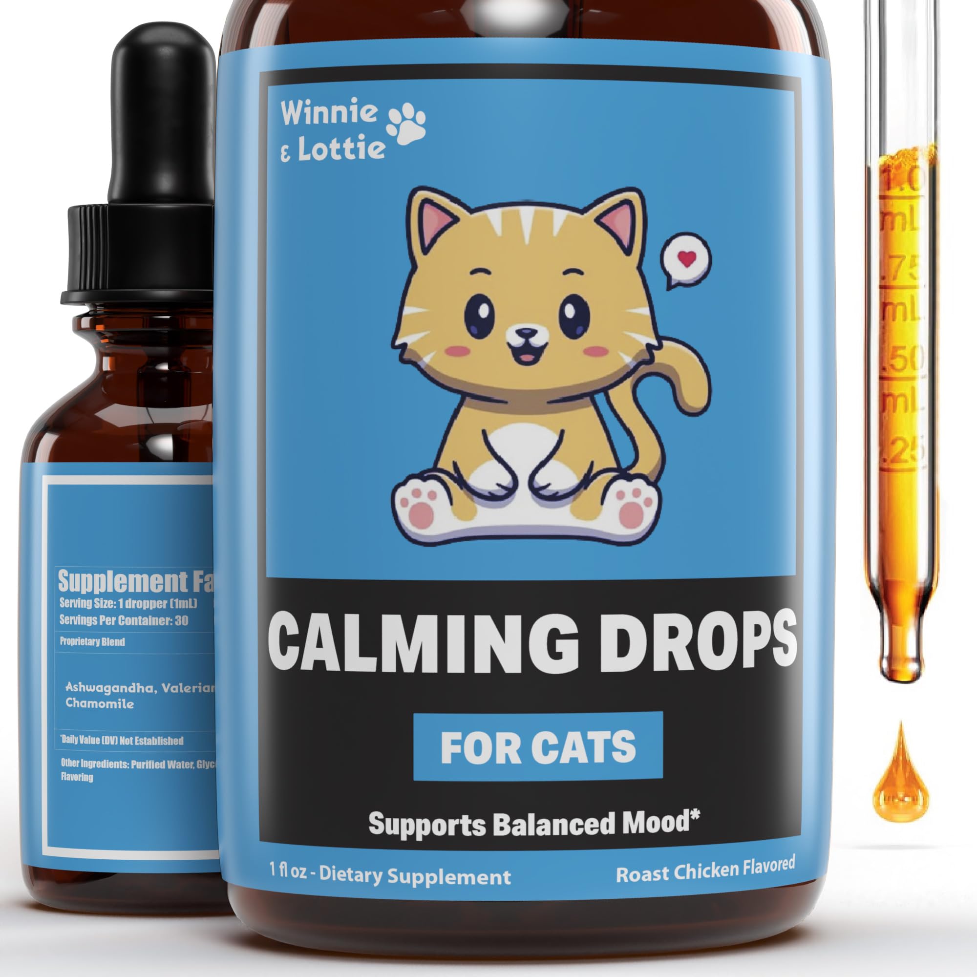 Winnie & Lottie Cat Calming Drops | Cat Anxiety Relief | Calm Cat | Anxiety Relief for Cats | Cat Calming | Cat Calming Supplement | Cat Anxiety | Cat Stress Relief | 1 fl oz | Roast Chicken Flavor