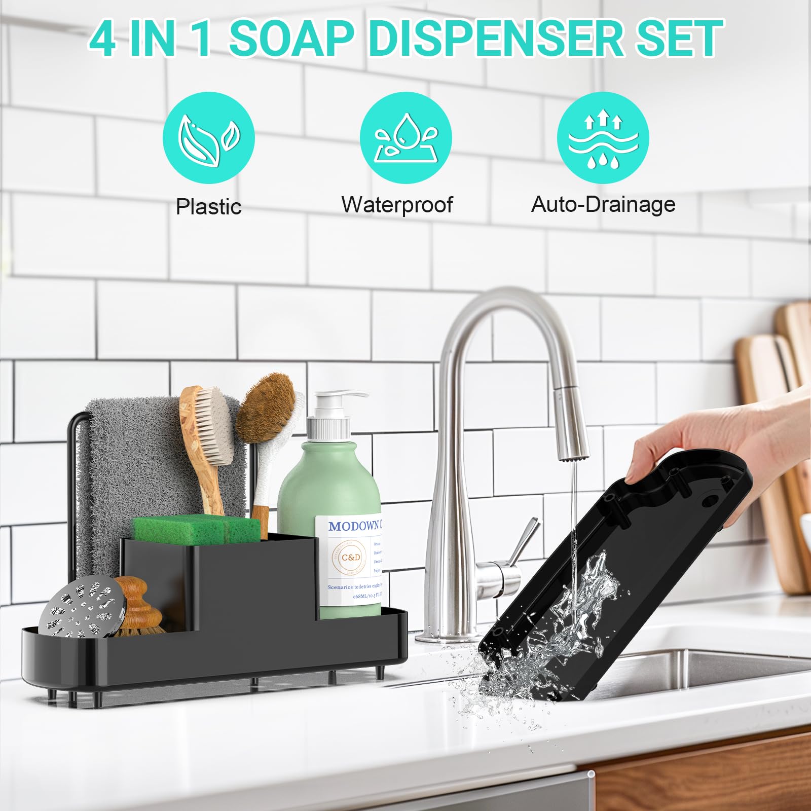 FUNKYLEE Sponge Holder for Kitchen Sink, Sink Caddy with Brush Holder, Kitchen Sink Organizer and Storage, for Sponges, Hand and Dish Soap Dispensers, Dish Brushes and Towels