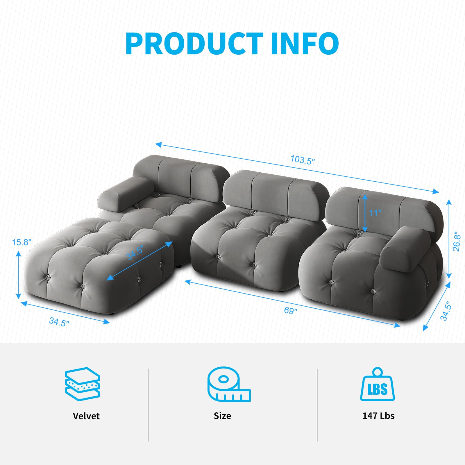 ADOWORE Bubble Sofa Couch for Living Room, 103inch Velvet Modern Sectional Sofa, L Shape Minimalist Modular 4-Seater Sofa Bubble Couch with Ottomans for Office Apartment