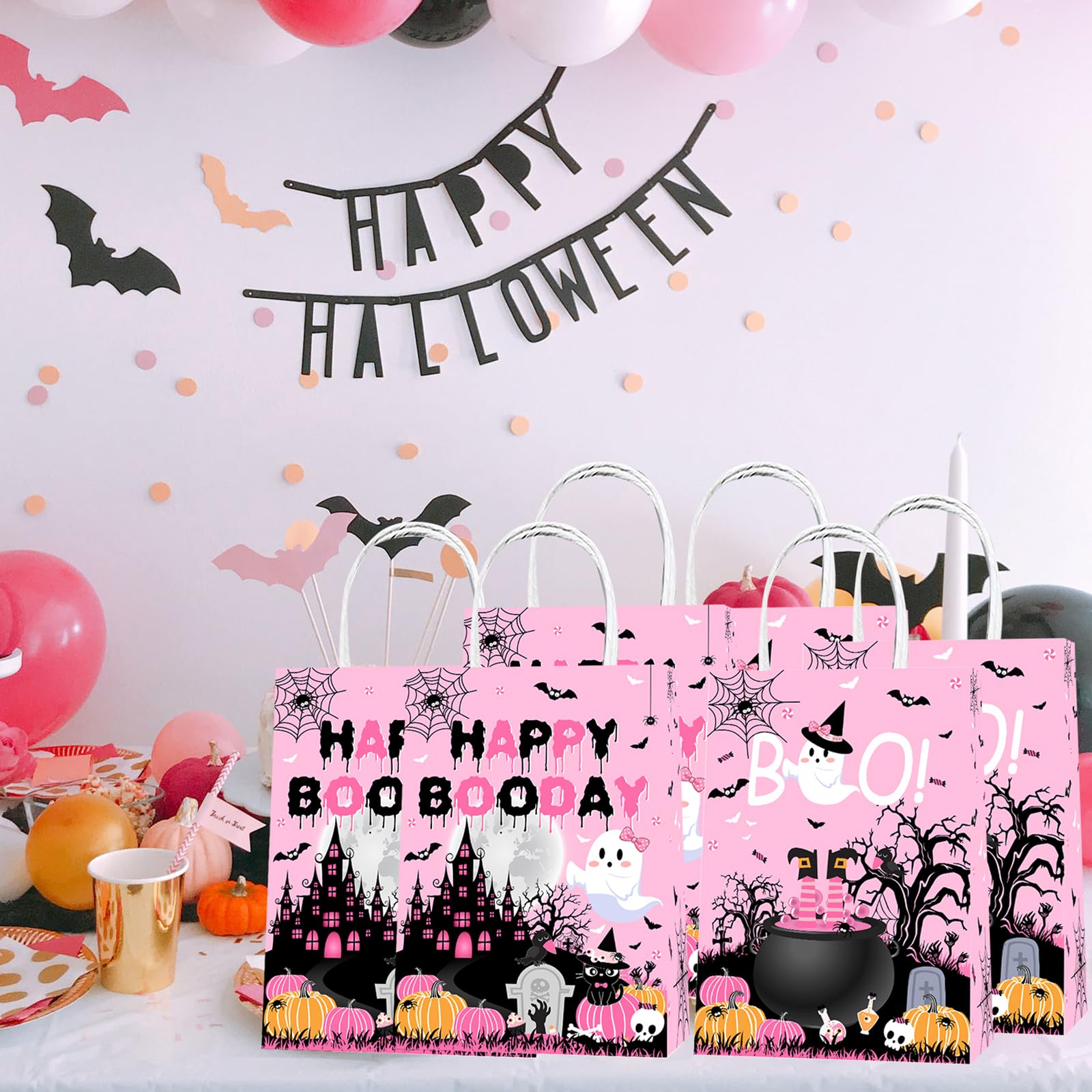 Lecheme Pink Halloween Paper Bags 24 PCS Happy Booday Halloween Candy Bags Halloween Treat Bags for Candy Trick Or Treat Birthday Gift Bags Halloween Party Favors