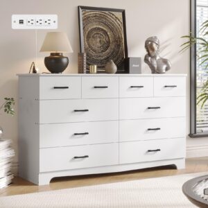 dictac white dresser for bedroom with 10 drawers, large chest of drawers storage organizer, long dresser tv stand with power outlets, wide dresser for bedroom, living room 55.1" w x 32.3" h x 15.8" d