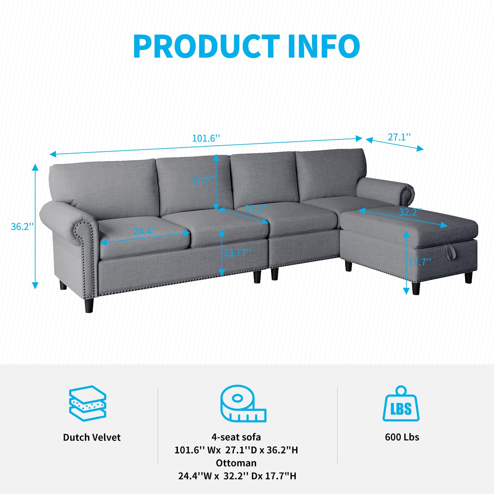 ADOWORE 5 Pieces Sectional Couch Modular Sofa with Reversible Chaise 101" L-Shaped Couch Sofa 4-seat Modular Large Sectional Couch with Ottoman for Living Room, Upholstered Cushion