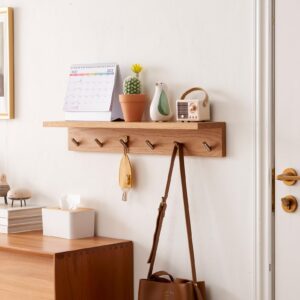 OAKERLAND Oak Wood Wall Shelf with 5 Hooks, Entryway Shelf Coat Rack with Hooks Floating Shelves with Hooks for Clothes Hats Towel Purse Robes, Bathroom Mudroom Bedroom (20 inch)