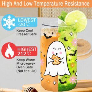 KIKUHE Halloween Ghost Iced Coffee Glass Cups, 16oz Cute Floral Ghost Glass Cups with Lids and Straws, Halloween Gifts, Cute Spooky Gifts for Her, Spooky Halloween Tumbler Mug for Women Girls Kids