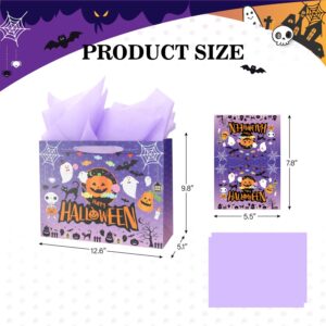 Ranfashiong 13" Halloween Large Gift Bag with Card and Tissue Paper Pumpkin Design Trick or Treat Party - Purple yellow 2Pcs