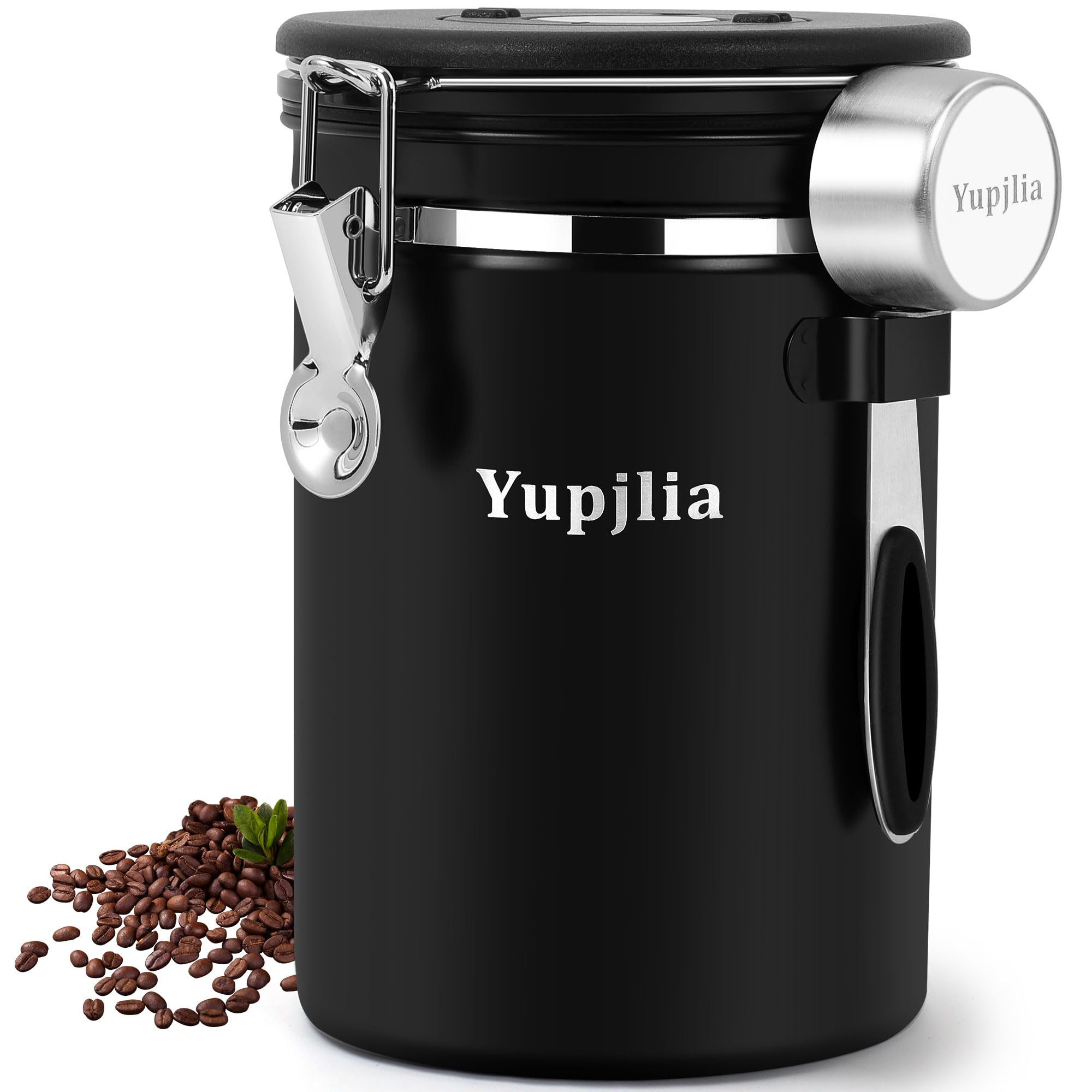 Yupjlia Coffee Canister, Premium 22OZ Large Stainless Steel Coffee Bean Storage Container with Airtight Lids, Elegant Black Coffee Grounds Container with Data Tracker and Scoop for Tea, Sugar, Flour