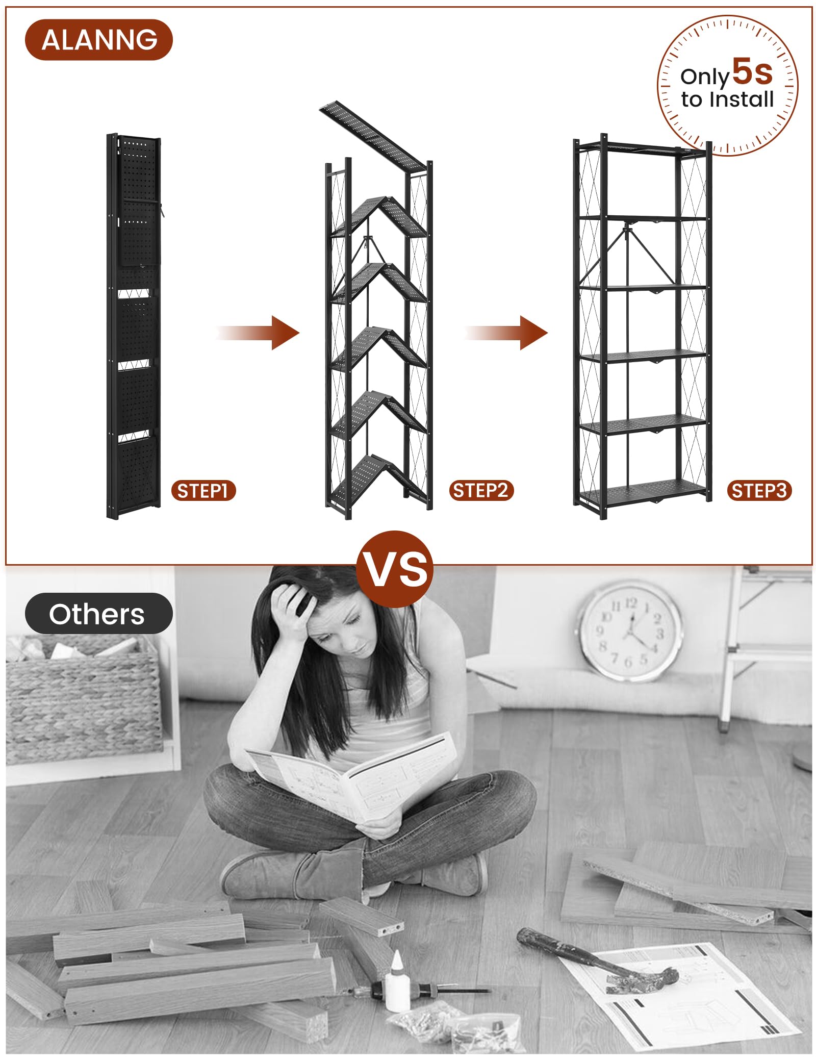 ALANNG 73.6 Inch Folding Bookshelf, 6 Tier Metal Bookcase and Bookshelves, Tall Shelves for Living Room Office Bedroom, Heavy Duty Book Shelve Free Standing Open Bookshelve (Black, 2PACK)