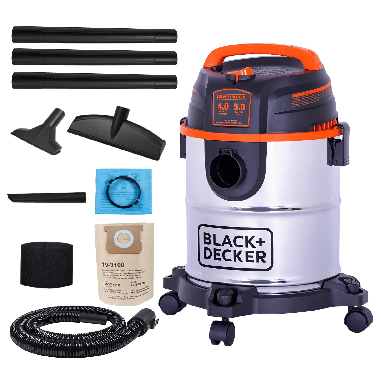 BLACK+DECKER Shop Vacuum Wet and Dry, Stainless Steel Shop Vac with Attachments, Blower Function, 5 Gallon 4.0 Peak HP, 3-in-1, for Home, Car, Workshop and Jobsite, BDXV18143