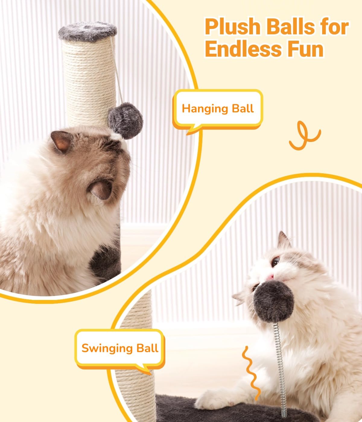 Happi N Pets 34“ Tall Cat Scratching Post for Big Cats, Natural Sisal Cat Scratchers for Indoor Cats, Heavy Duty Cat Stands Featuring with Cat Self Groomer and Hanging Toys, Free Catnip-Gray